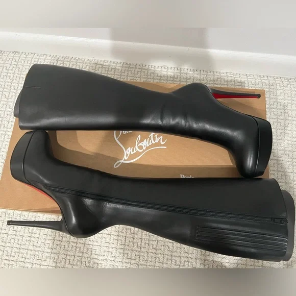 Christian Louboutin Bianca Botta 140 Black Leather Knee-High Boots EU39 Red Sole - Picture 2 of 9